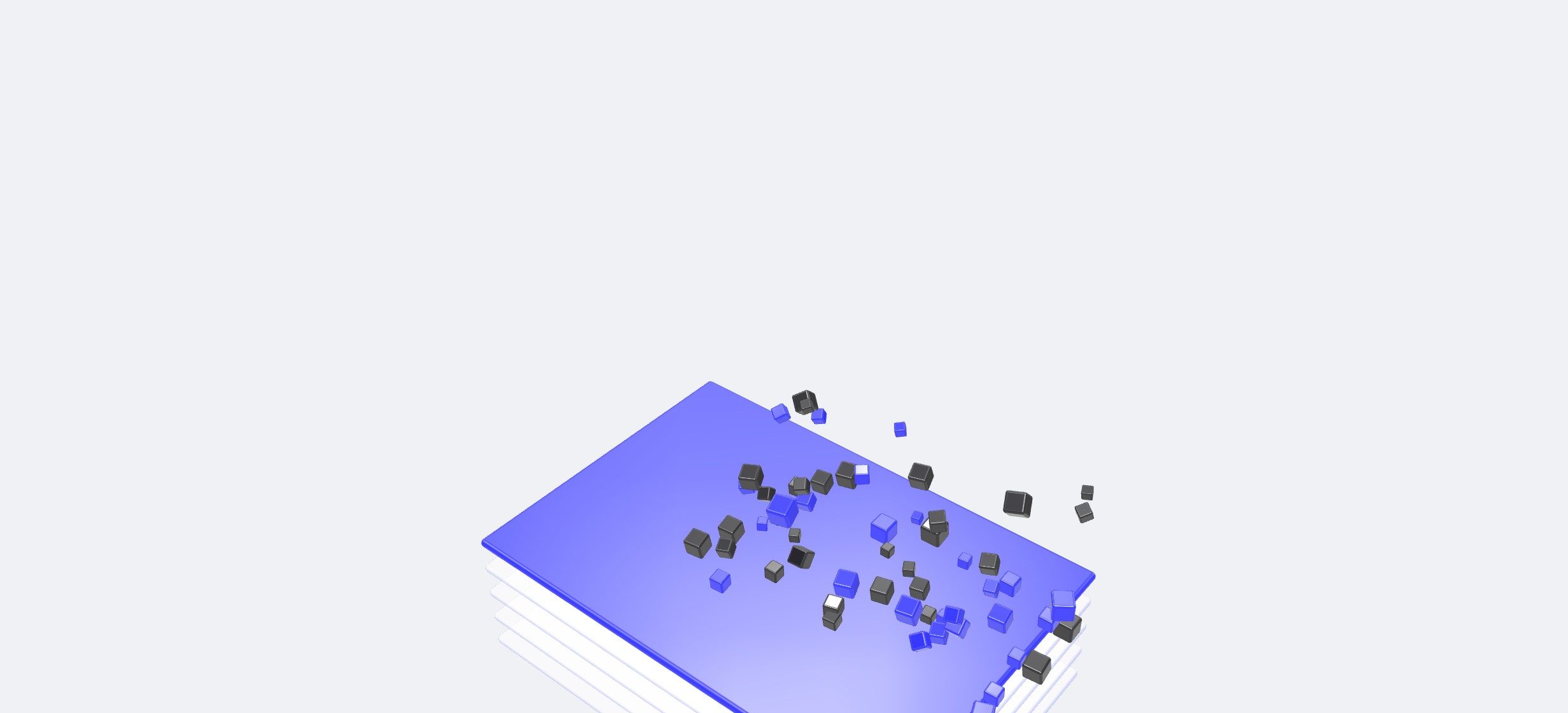 Stacked sheets, the top one blue, with small cubes lifting off