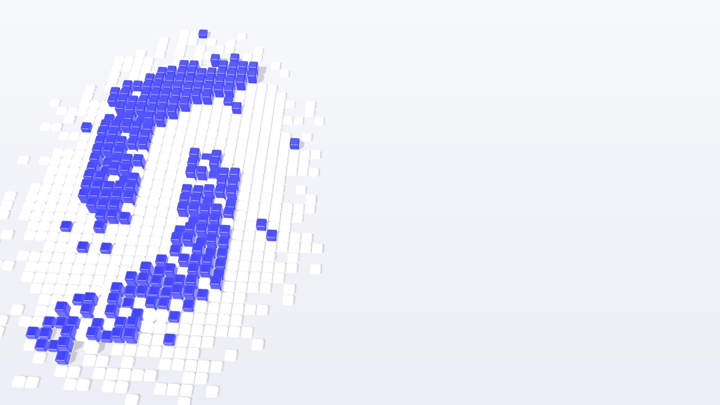 A field of white cubes with blue cubes rising in the shape of the Softseco mark