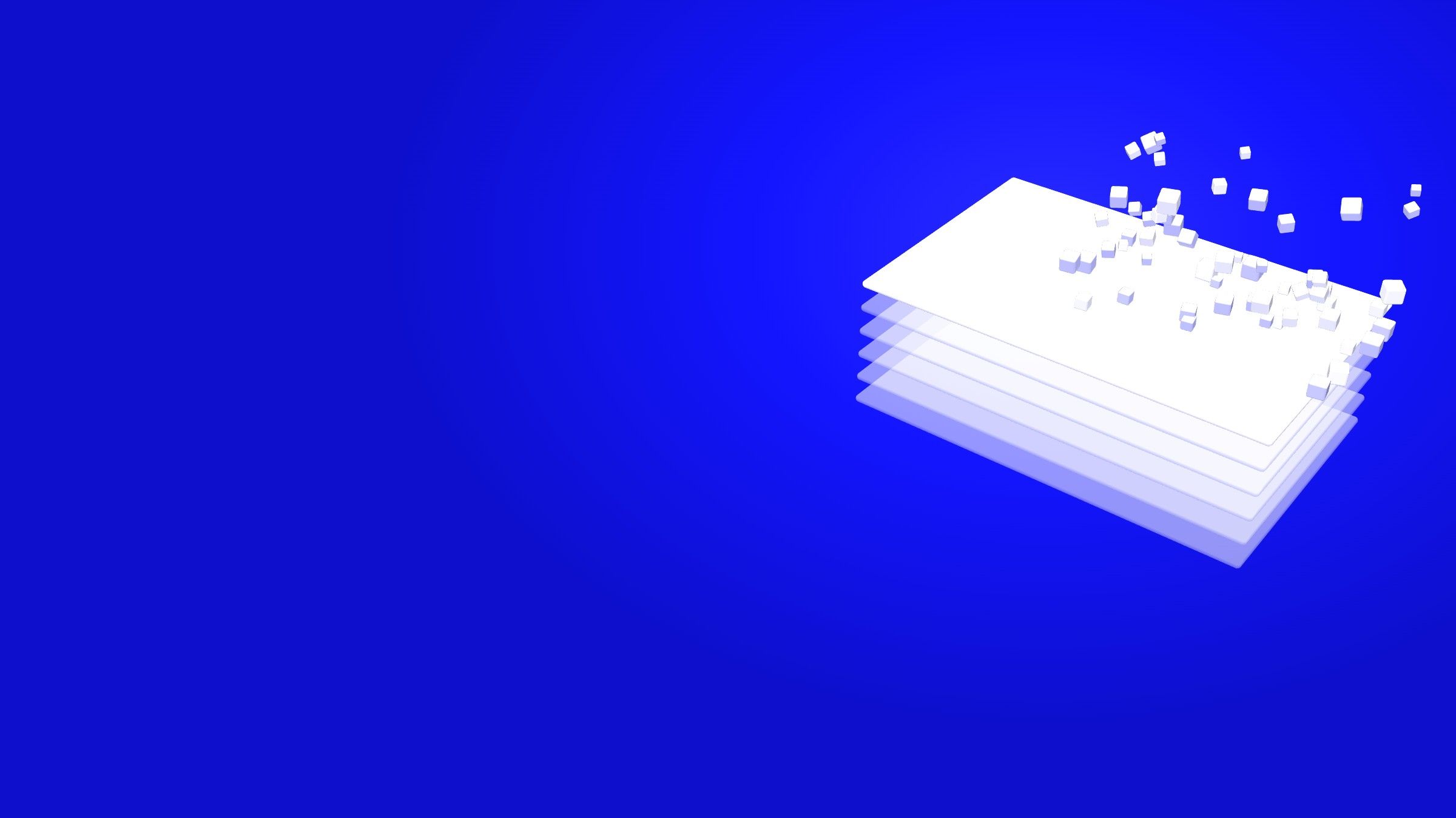 Stacked translucent sheets on a blue ground with small cubes lifting off the top sheet
