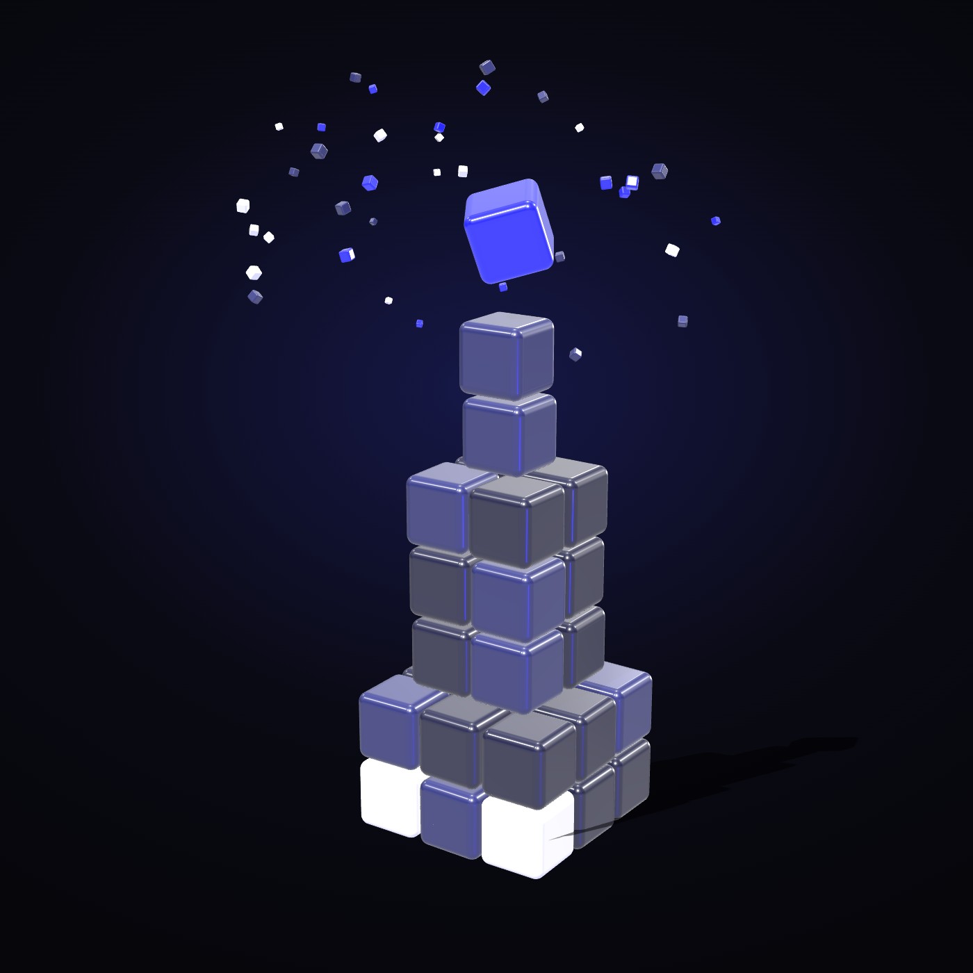 A stepped tower of dark cubes, laid one by one, with a blue cube on its way to the top