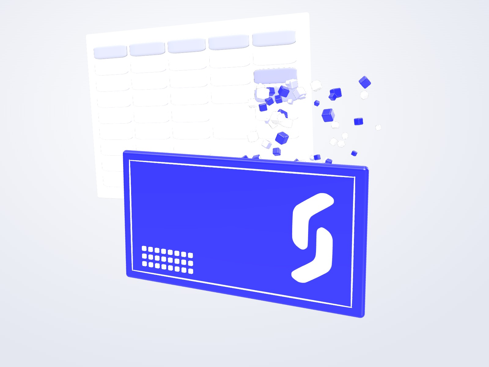 A blue banknote with the Softseco mark in front of a pale spreadsheet, whose cells break away as small cubes