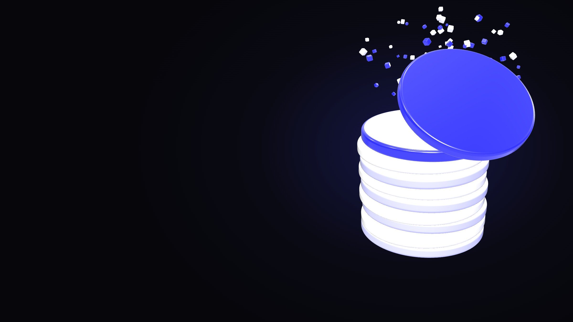 A stack of coins, the top one blue and lifting off, with small cubes breaking away