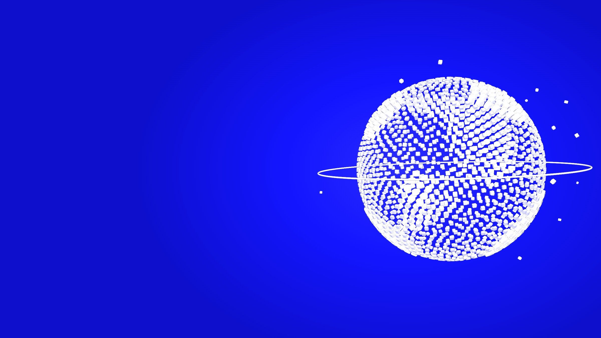 A globe made of small white cubes with a ring around it, on blue