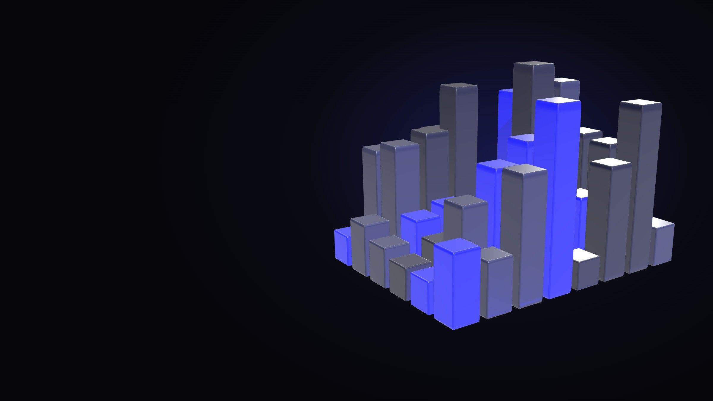 Dark towers of different heights, some of them blue