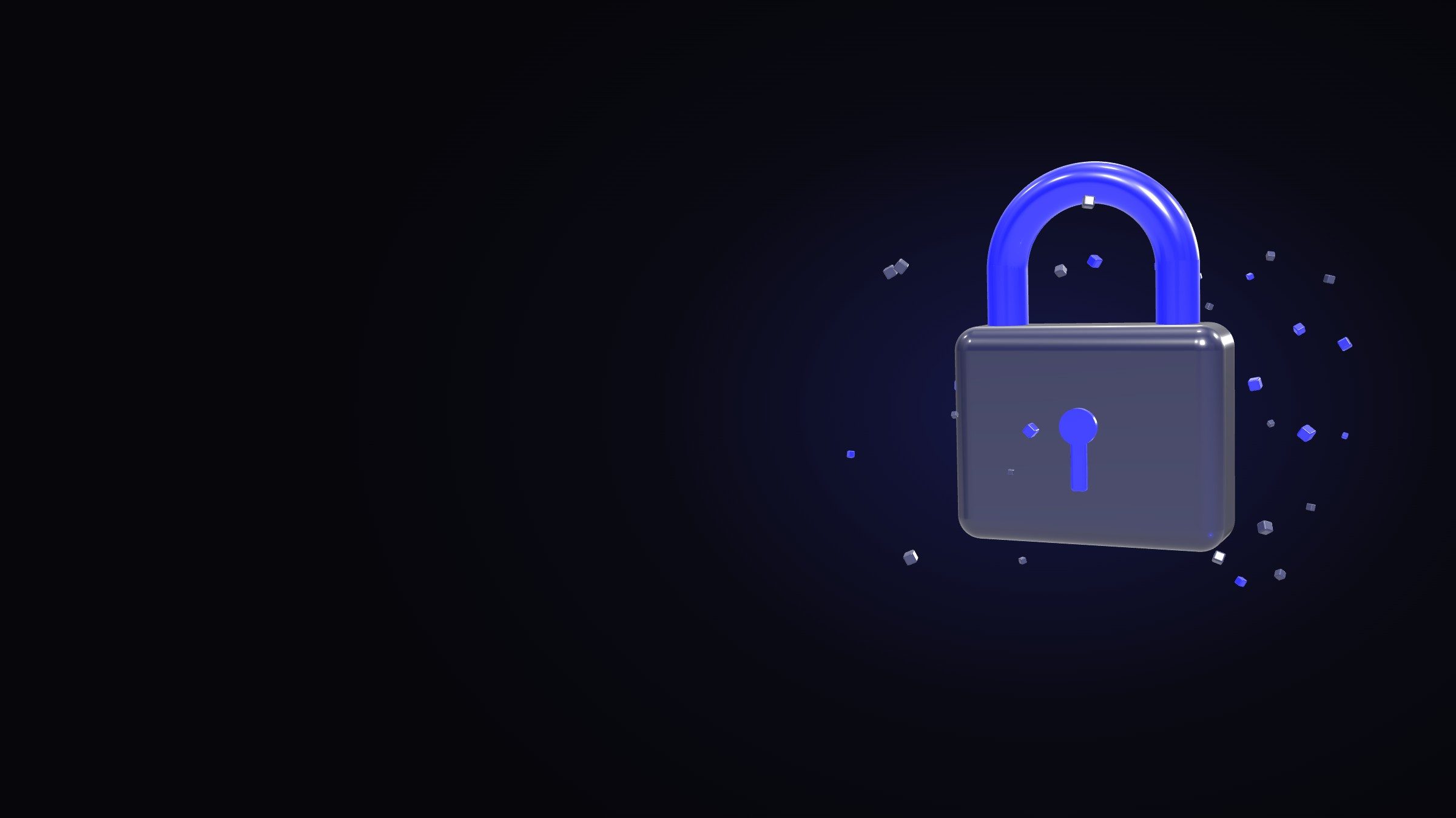 A dark glass padlock with a blue keyhole