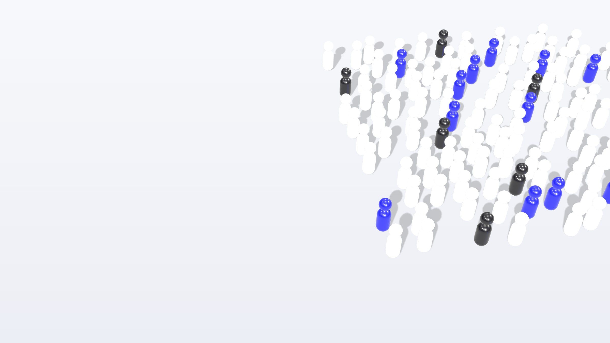 A crowd of small white figures, with a few in blue among them