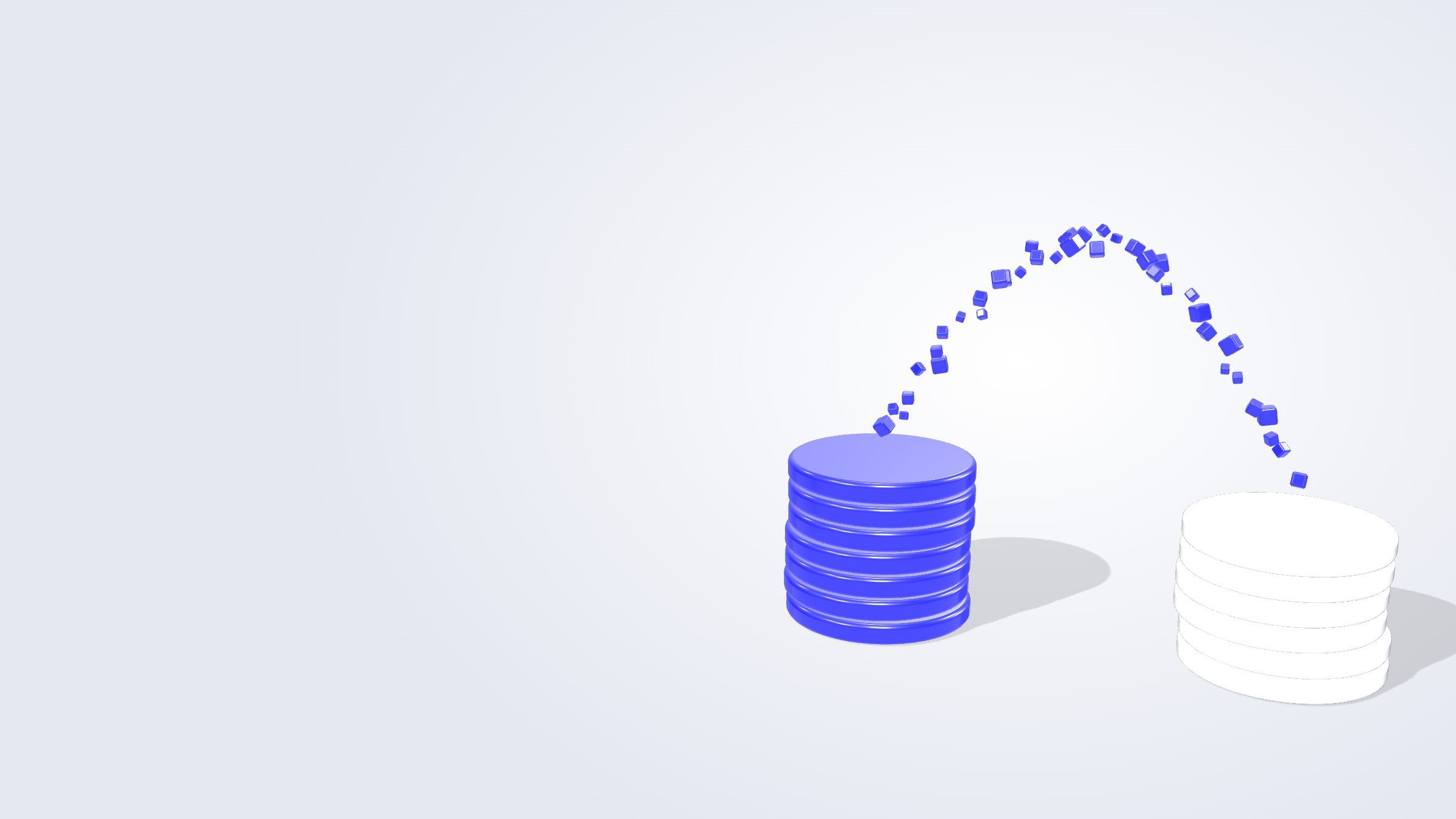 A blue stack and a white stack of coins joined by an arc of small cubes