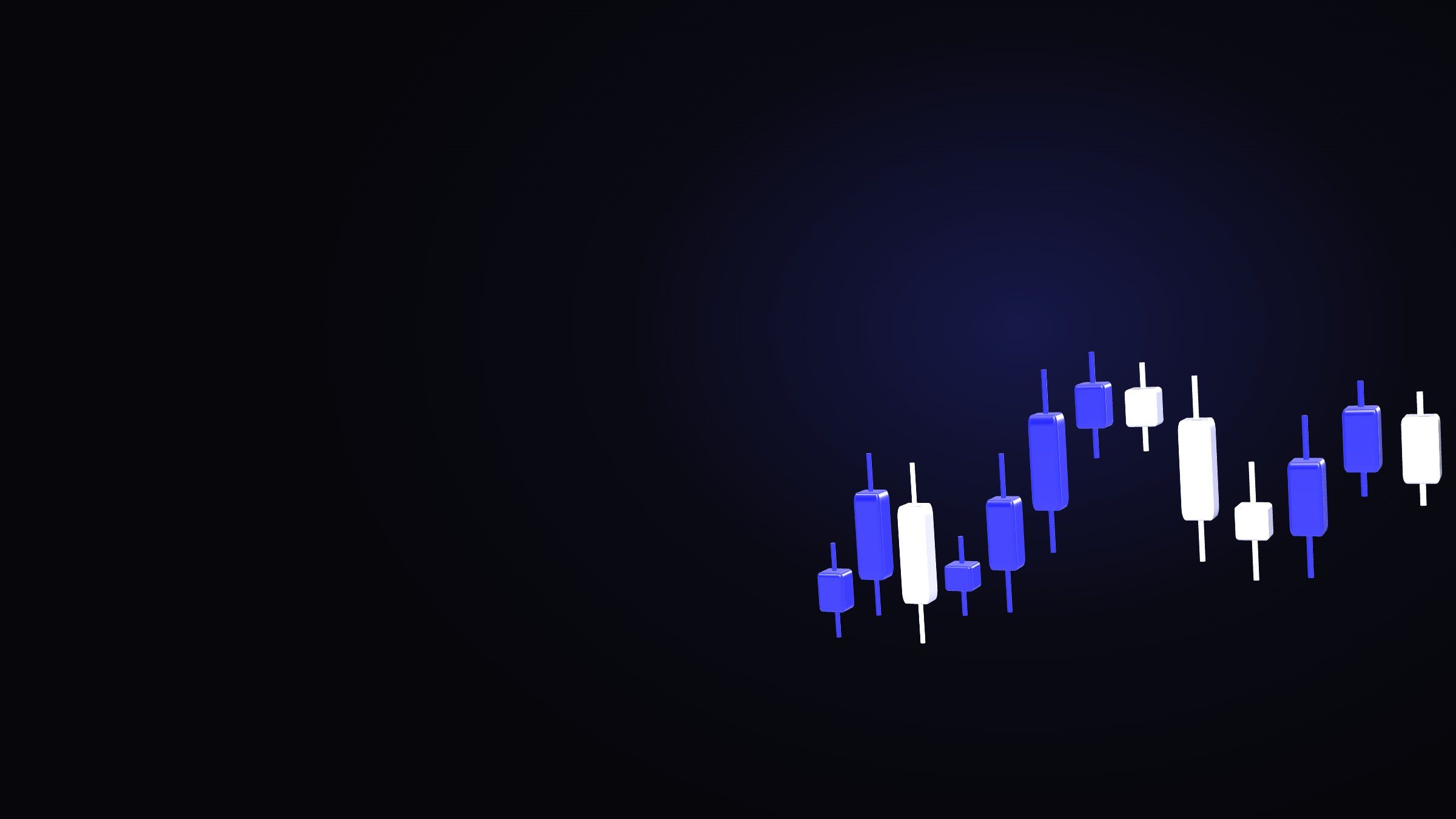 Blue and white candlesticks rising on a dark background