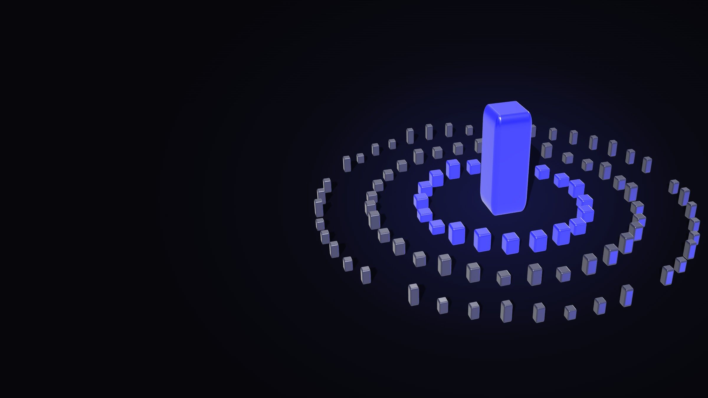 Rings of small dark and blue blocks around a blue pillar